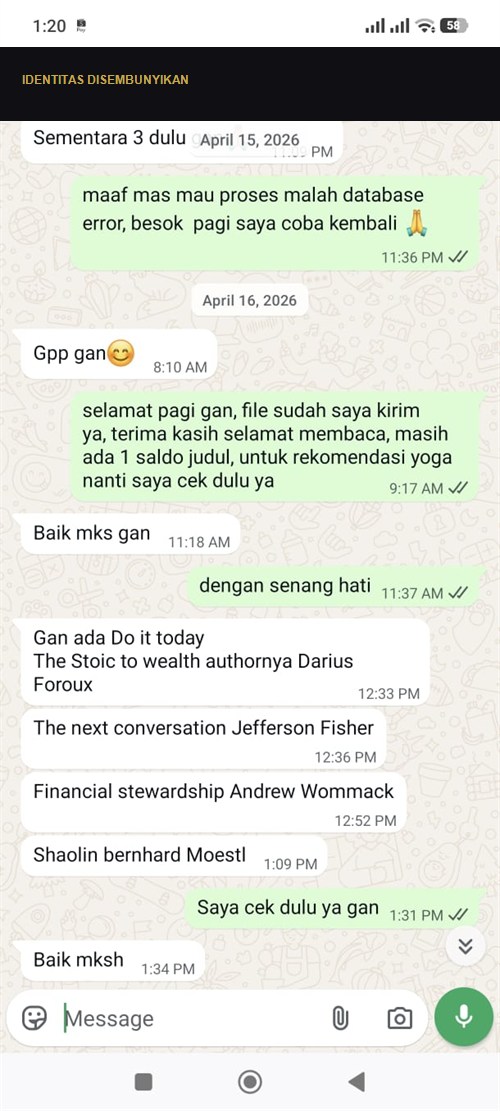Cuplikan pelanggan memesan dan mencari judul tambahan pada April 2026